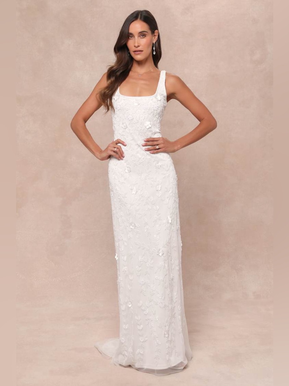NWT Lulus Extraordinary Glamour White 3D Floral Beaded Backless Maxi Dress Med